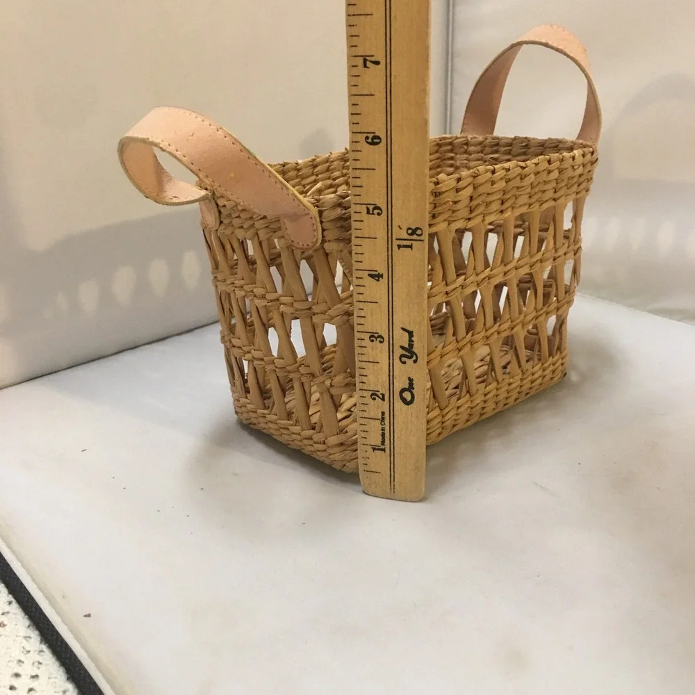Woven Straw Basket Small Tan Faux Leather Handle Lattice Design Rectangle